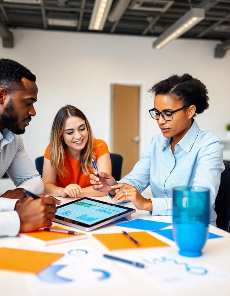 pikaso texttoimage a team meeting in a bright office including a blac